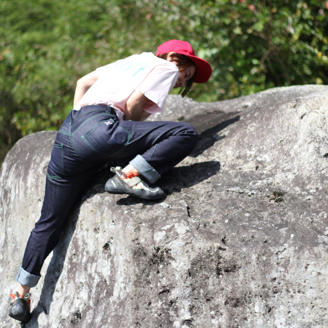 glow denim stylish climbing pants that are slim but easy to move in.